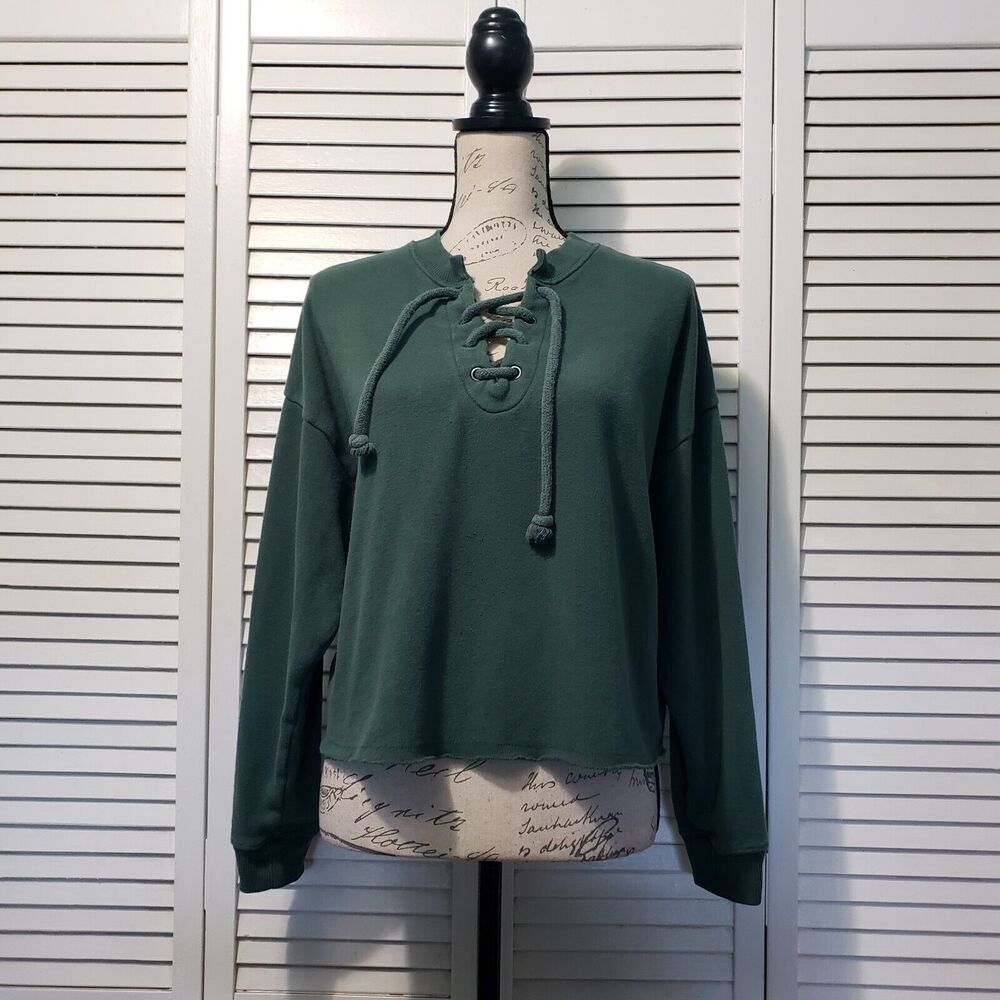 American Eagle Cropped Sweatshirt Women's Small Green Lace-up Relaxed‎ Pullover